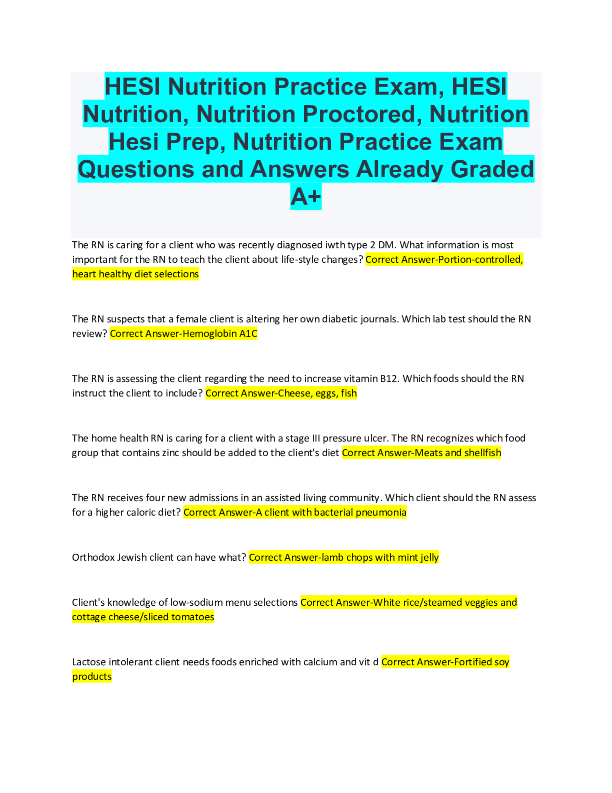 Preview image for HESI Nutrition Practice Exam, HESI Nutrition, Nutrition Proctored, Nutrition Hesi Prep, Nutrition Practice Exam Questions and Answers Already Graded A+